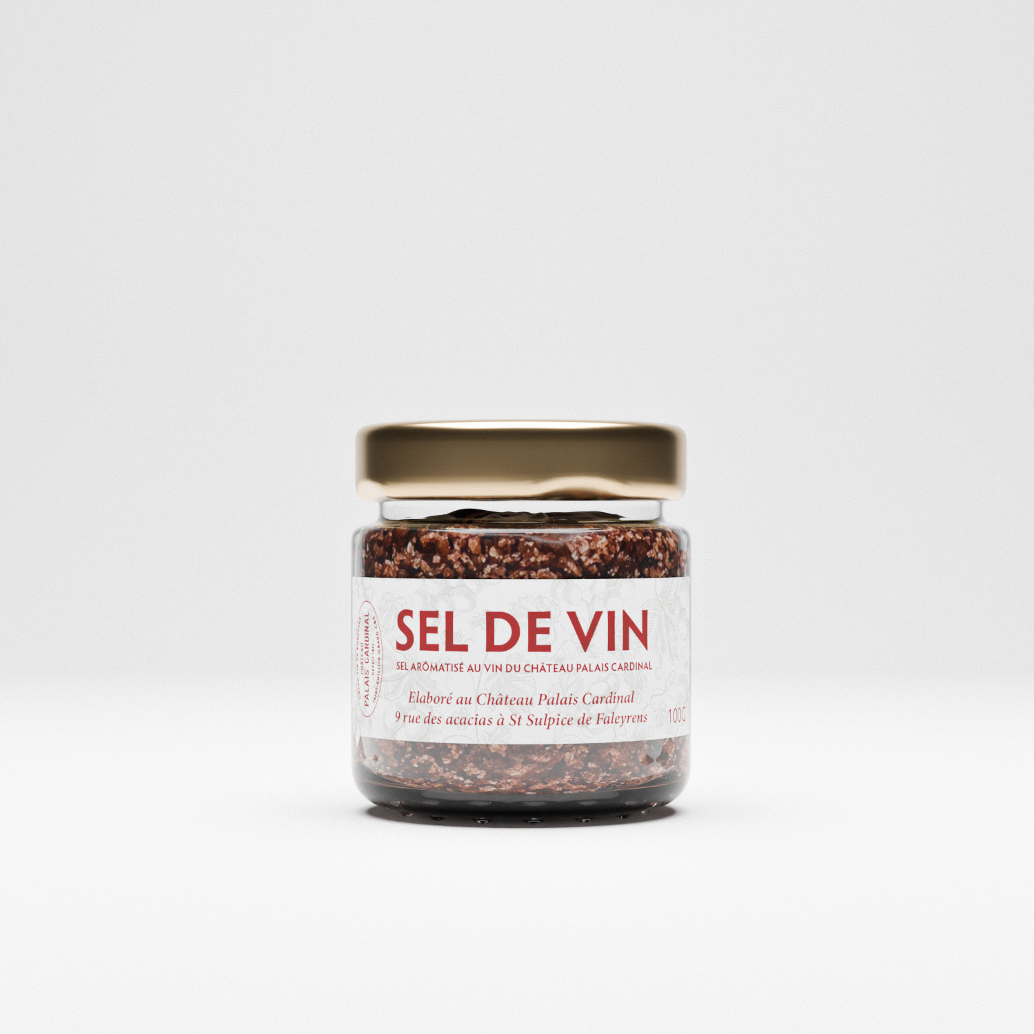Pot de sel de vin aromatisé du Château Palais Cardinal, mélange de fleur de sel, vin rouge, épices et aromates, spécialité de Saint-Émilion.