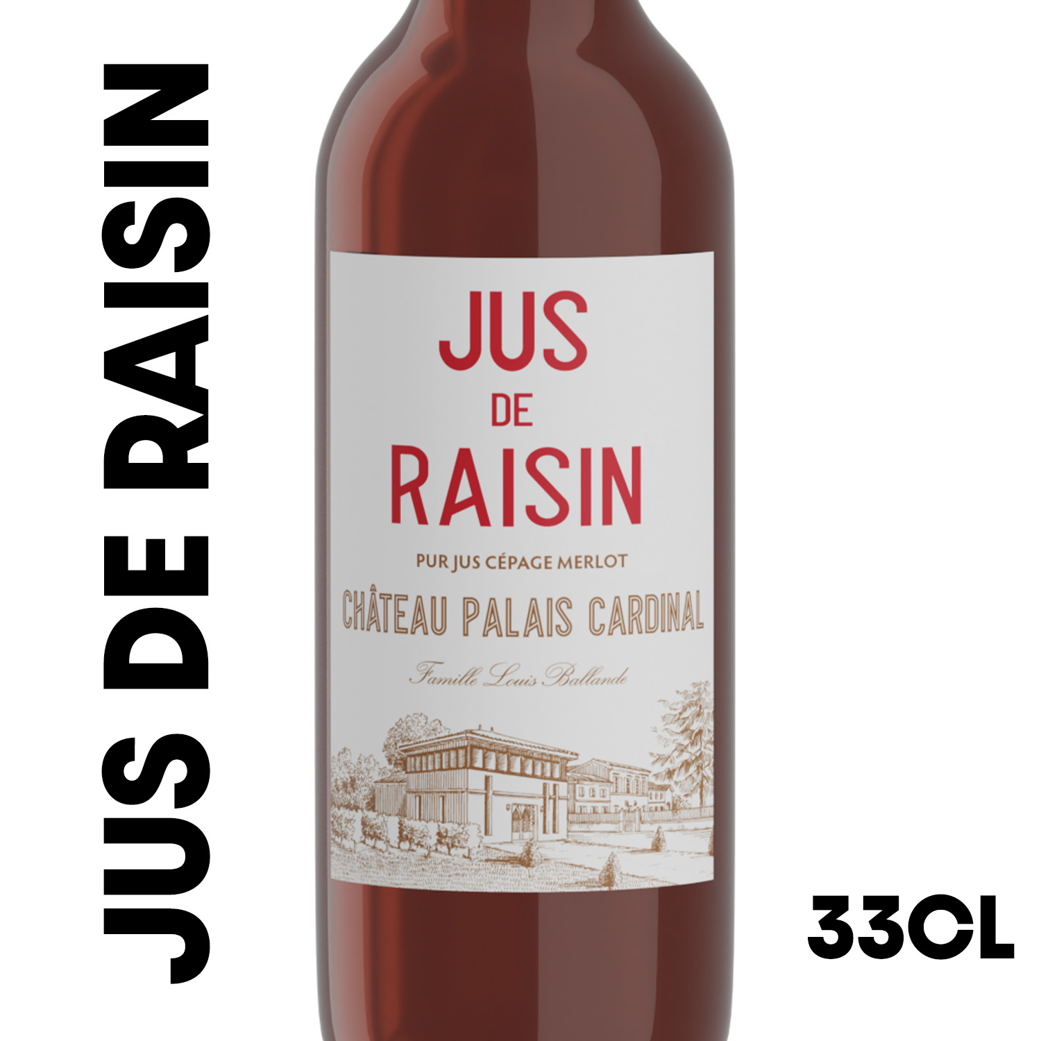 Bouteille de jus de raisin 100% Merlot du Château Palais Cardinal – format 33 cl