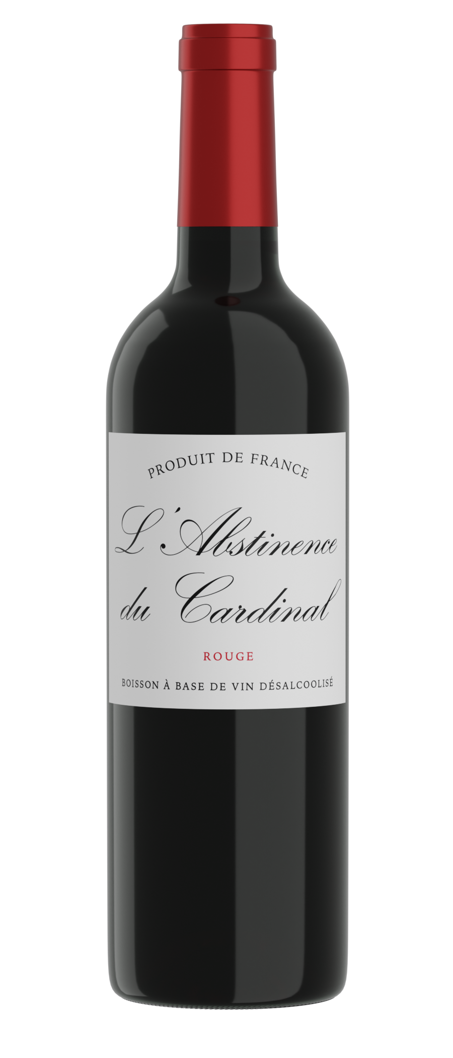 Bouteille de L’Abstinence du Cardinal Rouge – vin rouge sans alcool, robe sombre, étiquette blanche élégante et capsule rouge.